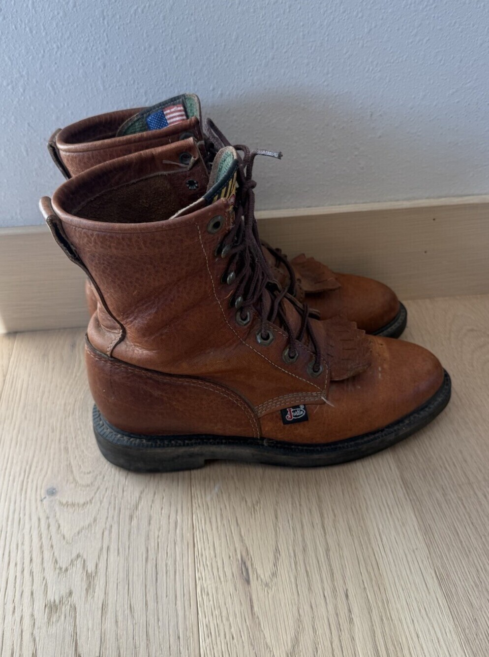 $260 Justin Justin’s Lace Up Boots women’s 7.5 S Brown Leather Work Winter 8”